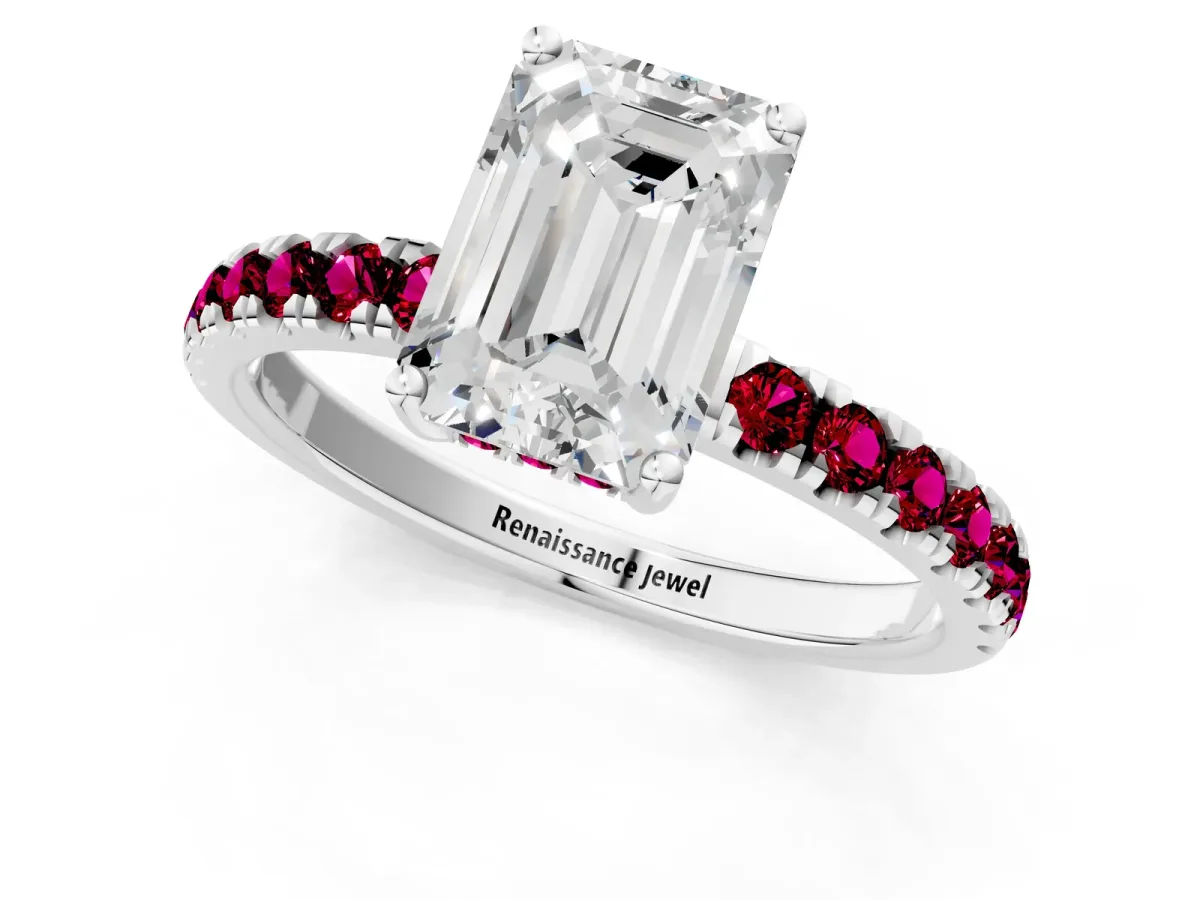 Emerald Cut Diamond Pave Band Solitaire Ring with Round Garnet and Prong Setting White gold