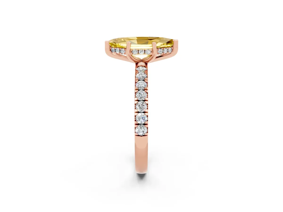 Marquise Cut Yellow Sapphire Pave Band Solitaire Ring with Round and Prong Setting Rose gold