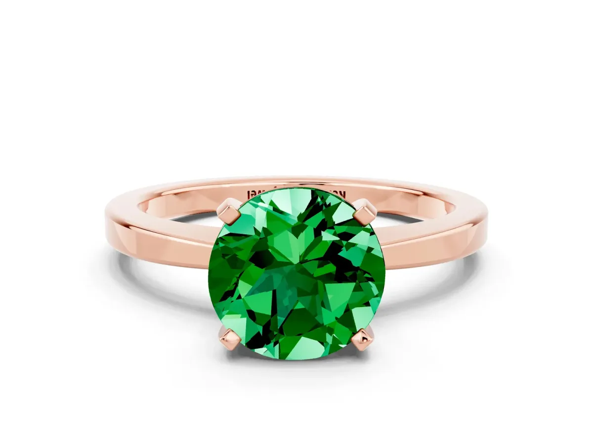 Round Cut Emerald Solitaire Engagement Ring with Classic Band and Four-Prong Setting Rose gold