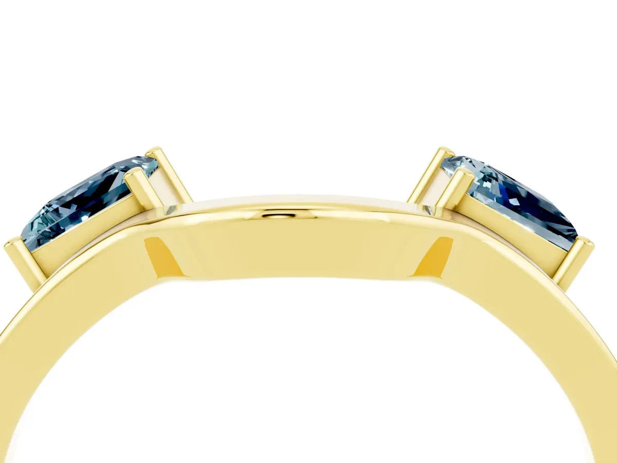 Princess Cut Aquamarine Two-Stone Open Band Ring with Four-Prong Setting Yellow gold