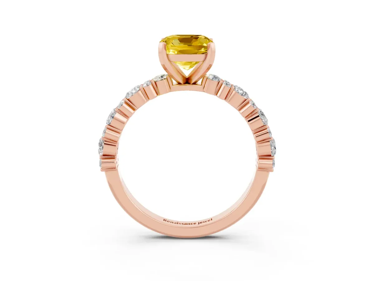 Cushion Cut Yellow Sapphire Side Stone Solitaire Ring with Round and Four-Prong Setting Rose gold
