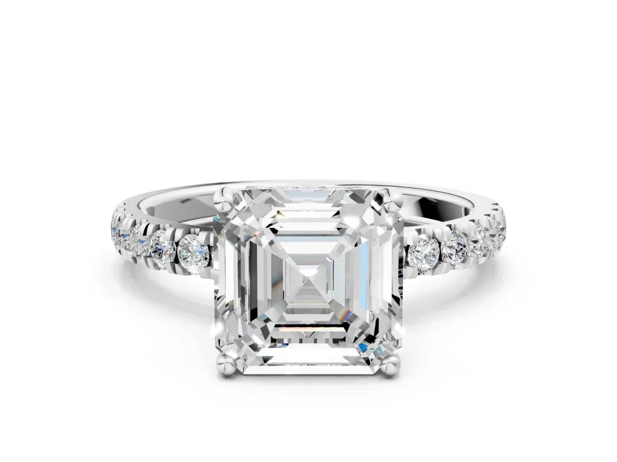 Asscher Cut Diamond Pave Band Solitaire Ring with Round Moissanite and Prong Setting Platinum