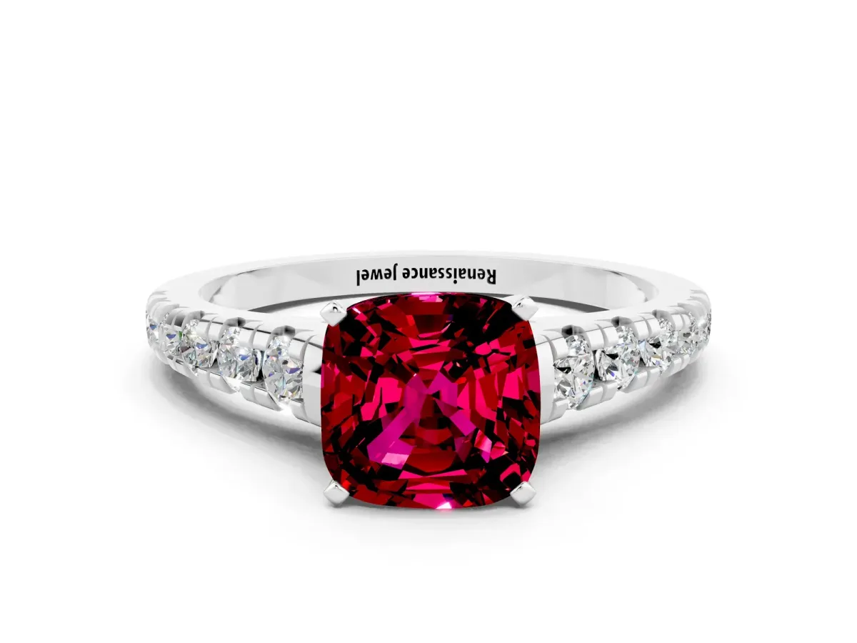 Cushion Cut Garnet Cathedral Solitaire Ring with Round Pavé Band White gold