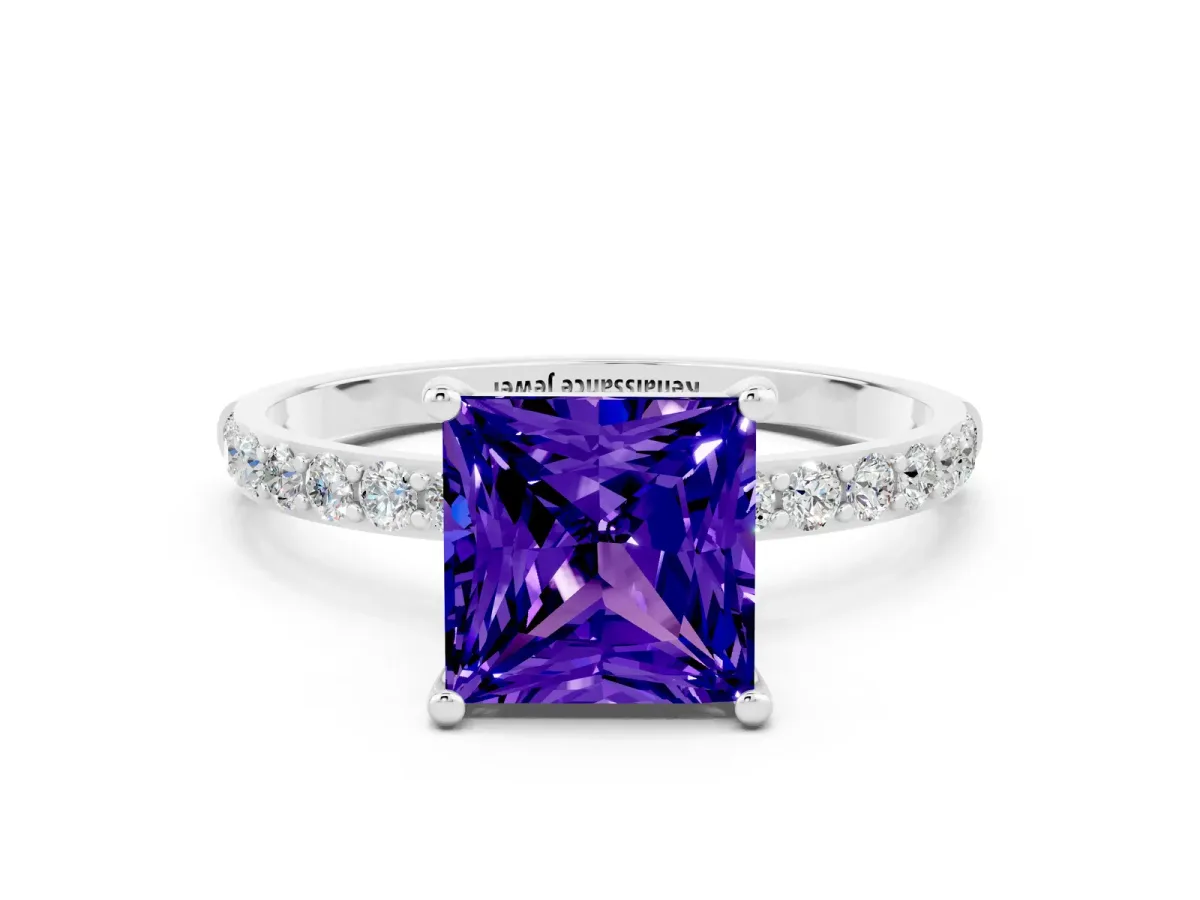 Princess Cut Tanzanite Solitaire Ring with Round Pavé Band and Prong Setting Silver