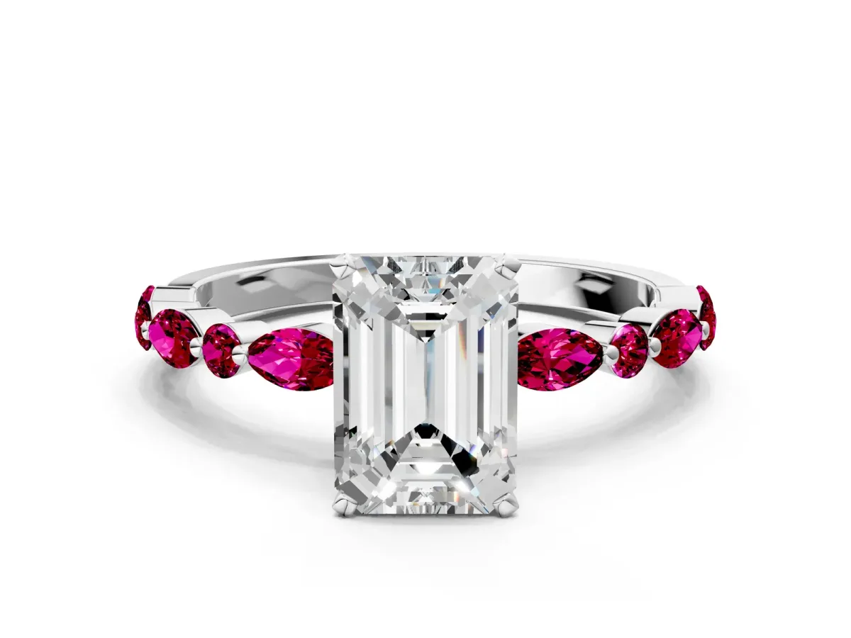 Emerald Cut Diamond Ring with Marquise and Round Garnet Side Stones and Four-Prong Setting Platinum