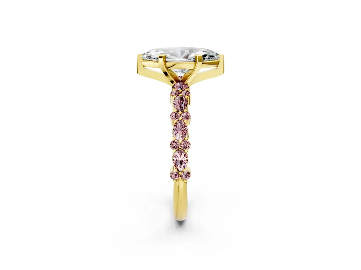 Marquise Cut Diamond Side Stone Solitaire Ring with Round Morganite and Four-Prong Setting Yellow gold