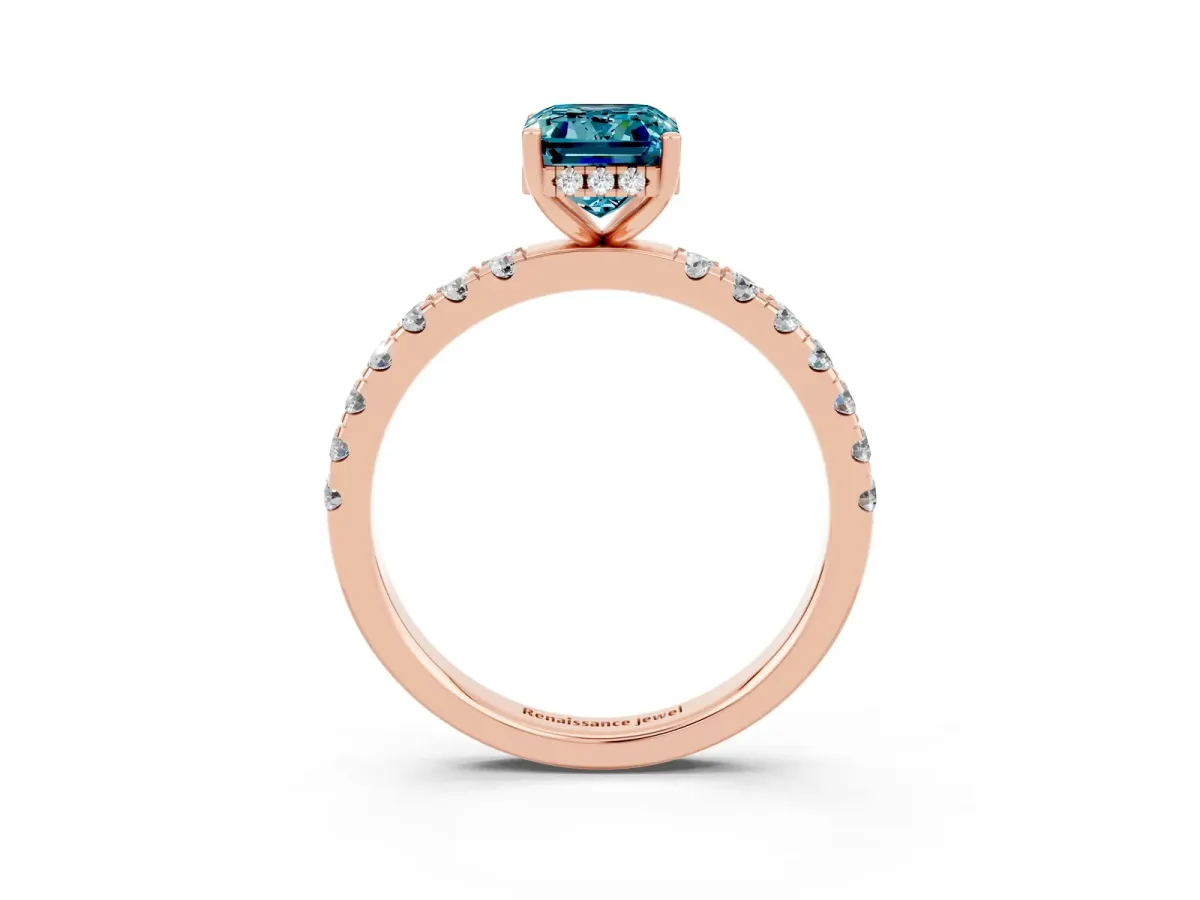 Emerald Cut Blue Topaz Pave Band Solitaire Ring with Round and Prong Setting Rose gold