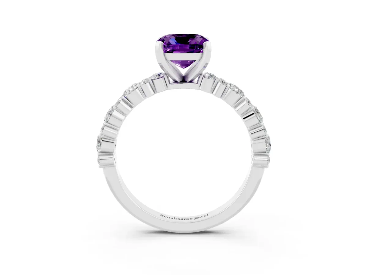 Cushion Cut Amethyst Side Stone Solitaire Ring with Round and Four-Prong Setting White gold
