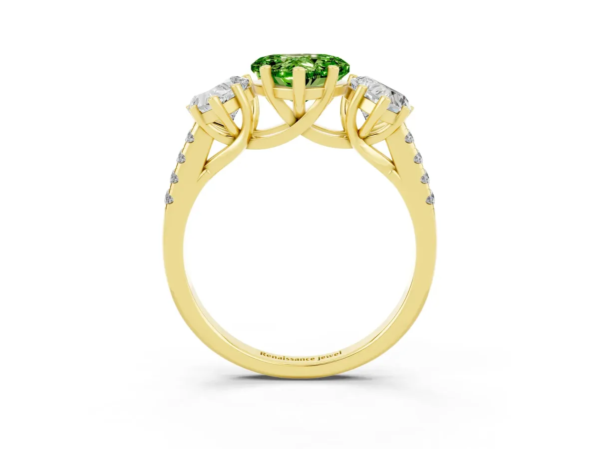 Three-Stone Heart Cut Peridot Ring with Round Pavé Band and Prong Setting Yellow gold