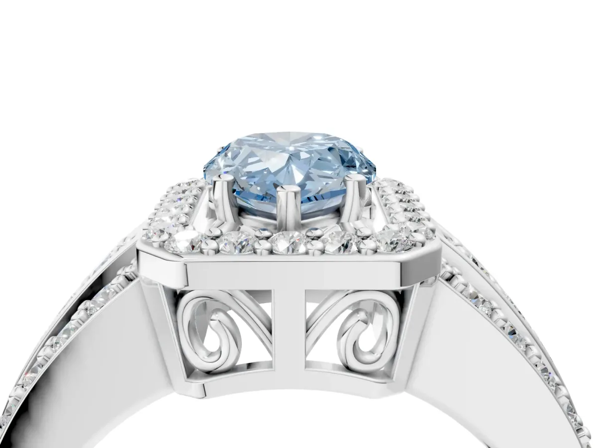 Fancy Blue Pear Cut Halo Diamond Ring with Round Split Shank and Prong Setting White gold