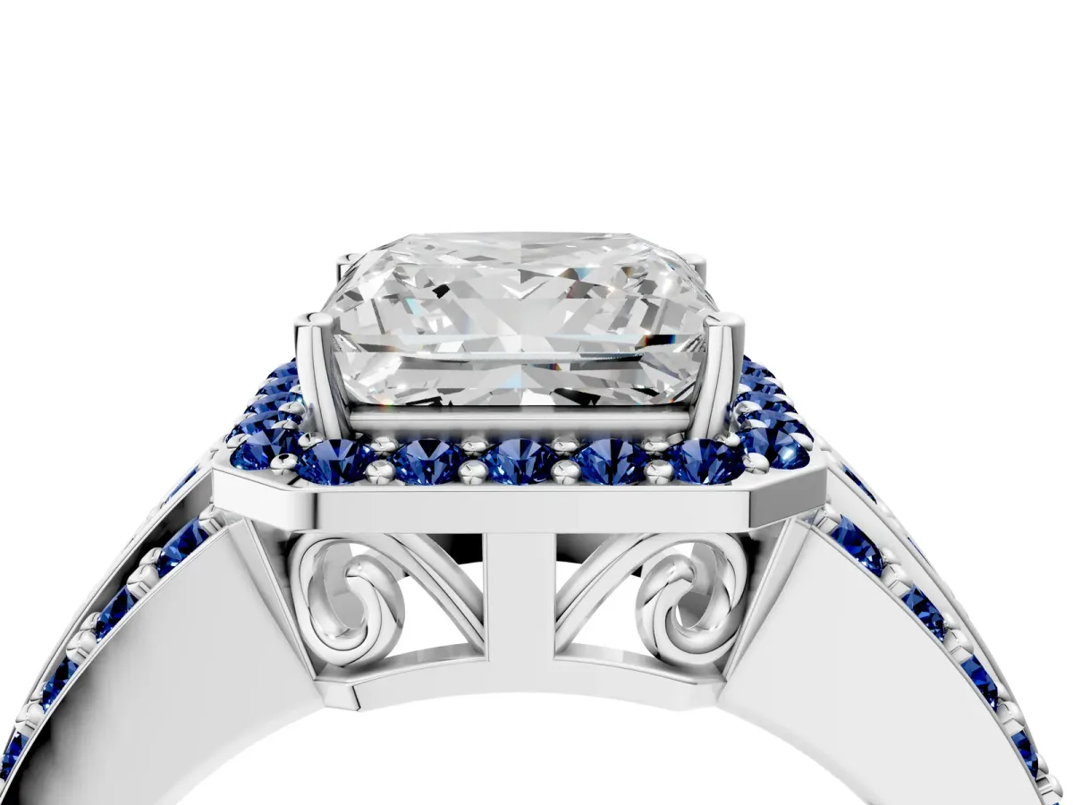 Princess Cut Halo Diamond Ring with Round Blue Sapphire Split Shank and Prong Setting Platinum
