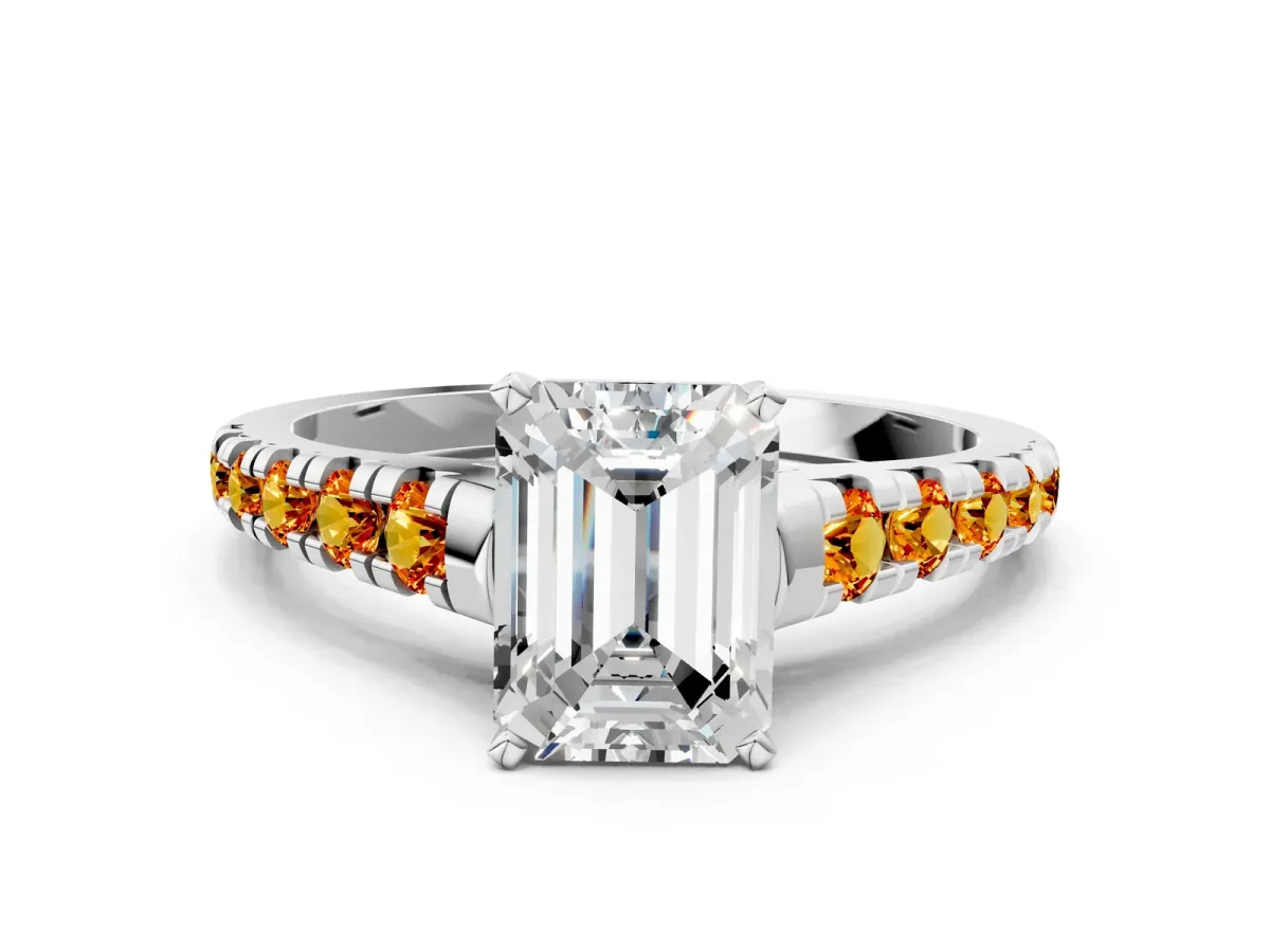 Emerald Cut Diamond Cathedral Solitaire Ring with Round Citrine Pavé Band Platinum