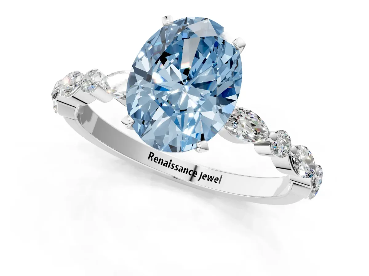 Fancy Blue Oval Cut Diamond Ring with Marquise and Round Side Stones and Four-Prong Setting Platinum
