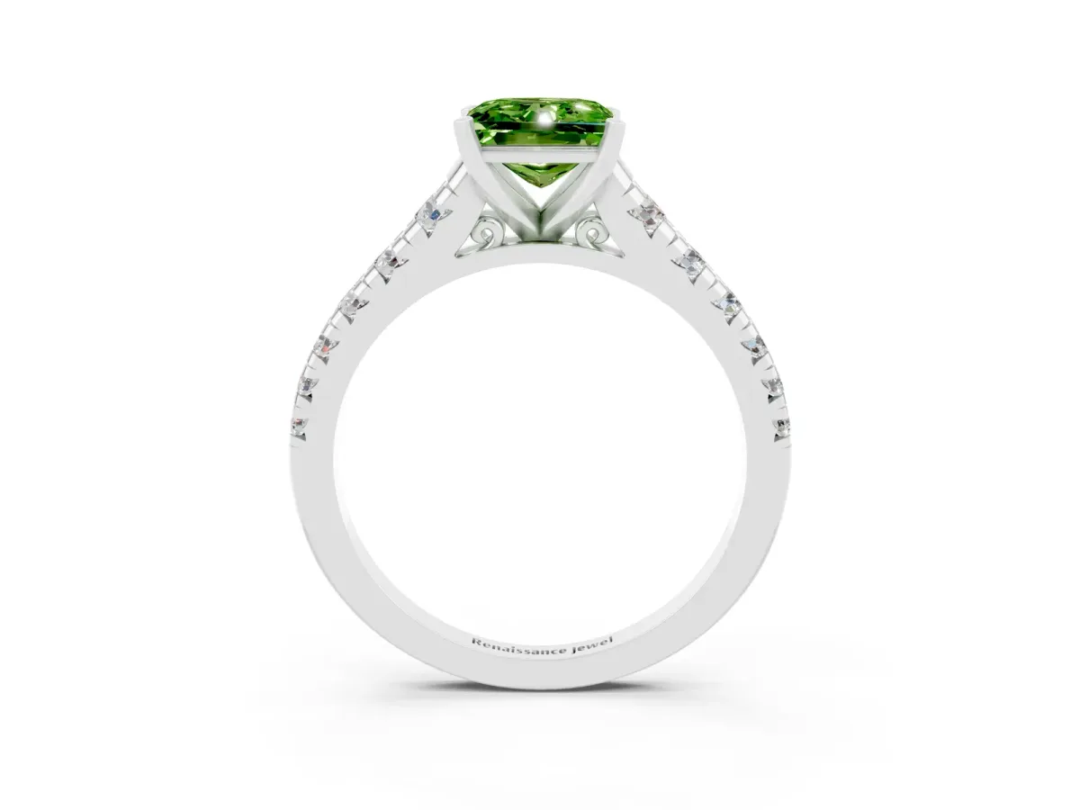 Princess Cut Peridot Cathedral Solitaire Ring with Round Pavé Band White gold