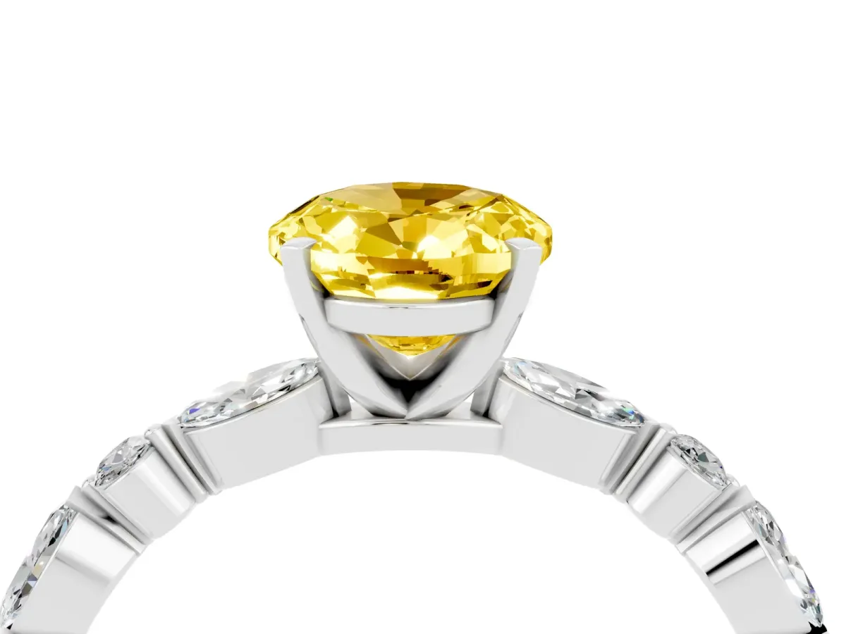 Oval Cut Yellow Sapphire Ring with Marquise and Round Side Stones and Four-Prong Setting Silver