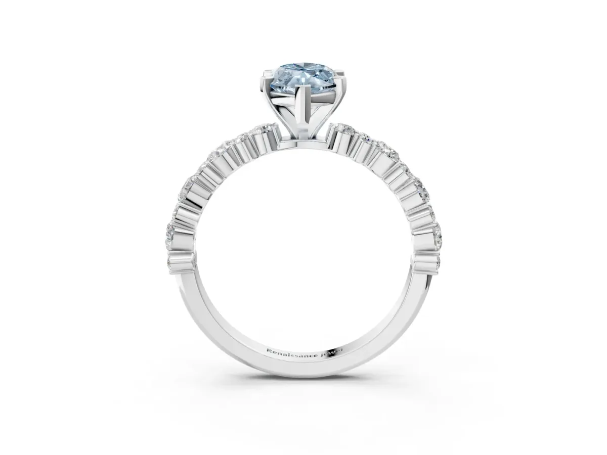 Fancy Blue Marquise Cut Diamond Side Stone Solitaire Ring with Round and Four-Prong Setting Silver
