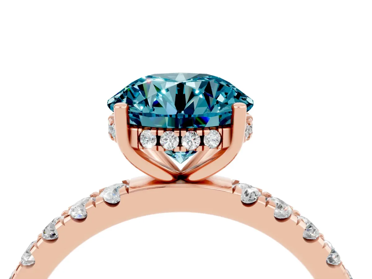Round Cut Blue Topaz Pave Band Solitaire Ring with Round and Prong Setting Rose gold
