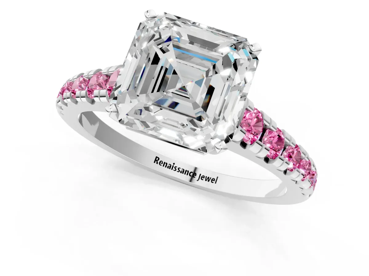 Asscher Cut Diamond Cathedral Solitaire Ring with Round Pink Sapphire Pavé Band Platinum
