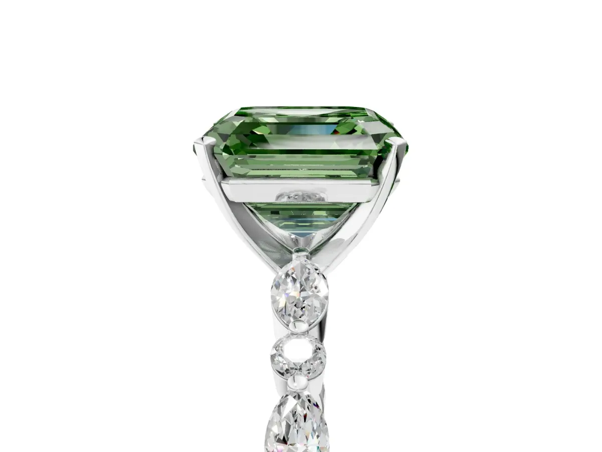 Fancy Green Asscher Cut Diamond Ring with Marquise and Round Side Stones and Four-Prong Setting Silver
