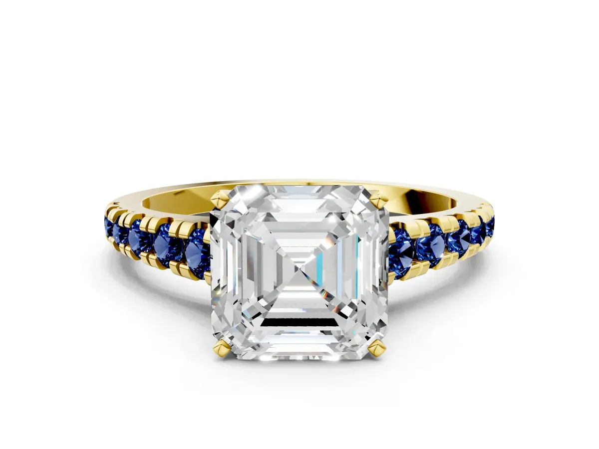 Asscher Cut Diamond Cathedral Solitaire Ring with Round Blue Sapphire Pavé Band Yellow gold
