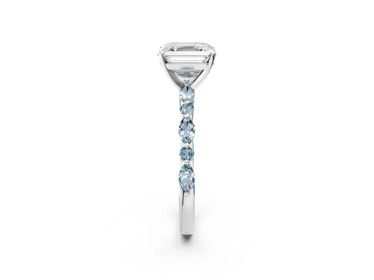Asscher Cut Diamond Ring with Marquise and Round Aquamarine Side Stones and Four-Prong Setting Platinum