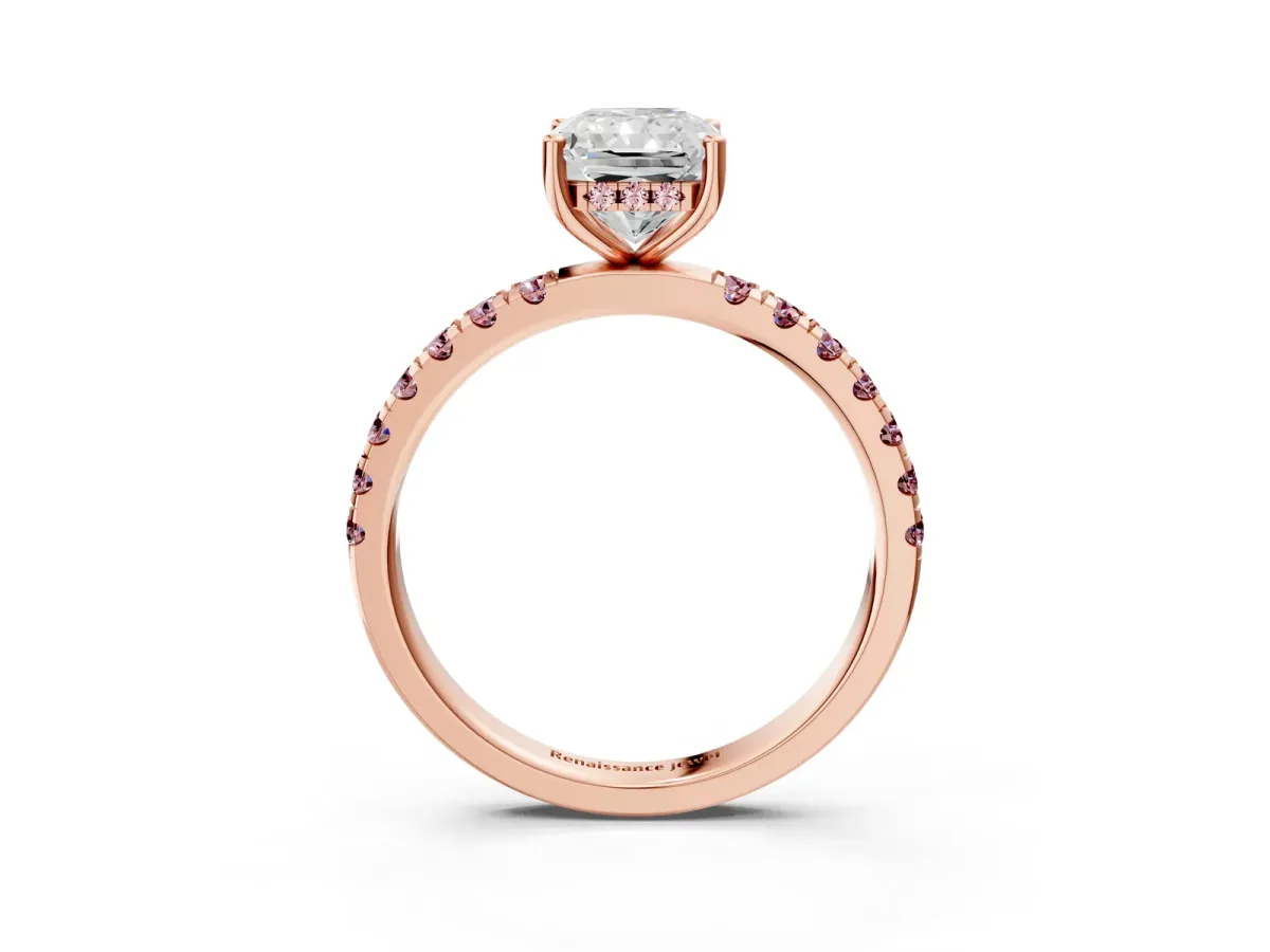 Radiant Cut Diamond Pave Band Solitaire Ring with Round Morganite and Prong Setting Rose gold