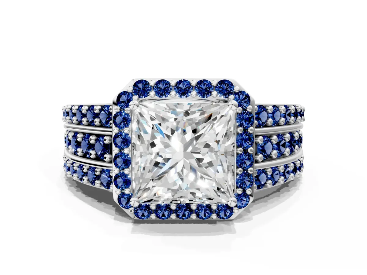Princess Cut Halo Diamond Ring with Round Blue Sapphire Split Shank and Prong Setting Platinum