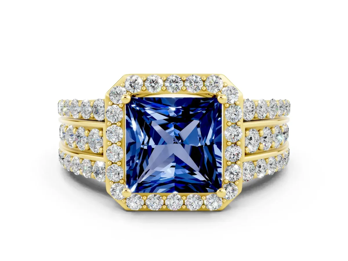 Princess Cut Halo Blue Sapphire Ring with Round Split Shank and Prong Setting Yellow gold