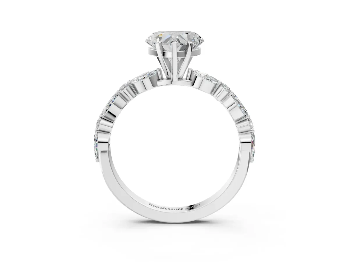 Heart Cut Diamond Ring with Marquise and Round Side Stones and Four-Prong Setting Platinum