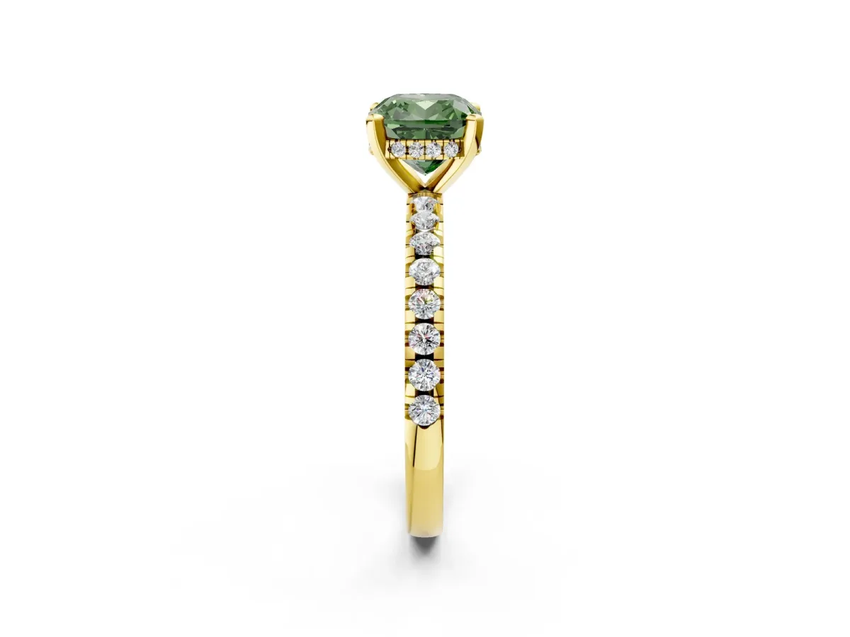 Fancy Green Cushion Cut Diamond Solitaire Ring with Round Pavé Band and Four-Prong Setting Yellow gold