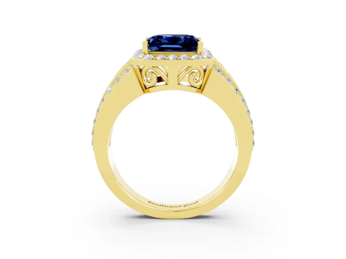 Princess Cut Halo Blue Sapphire Ring with Round Split Shank and Prong Setting Yellow gold