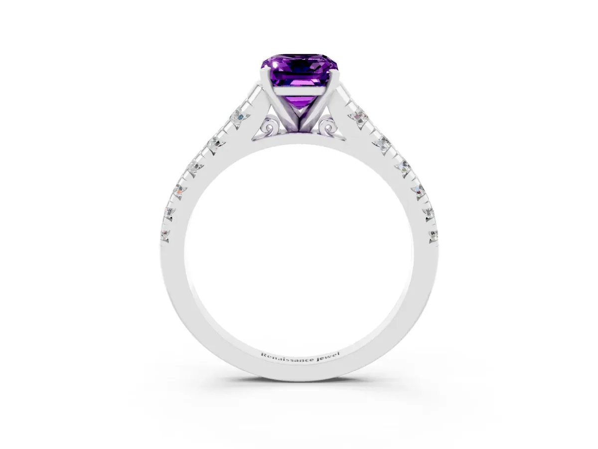 Emerald Cut Amethyst Cathedral Solitaire Ring with Round Pavé Band Silver