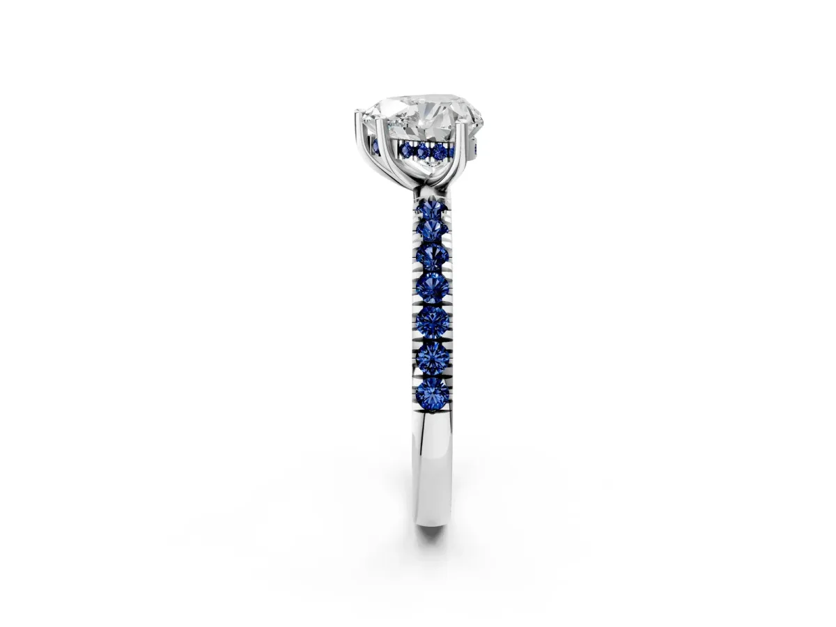 Heart Cut Diamond Pave Band Solitaire Ring with Round Blue Sapphire and Prong Setting Platinum