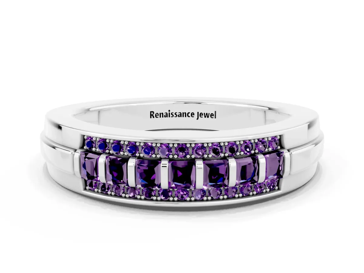 Bar-Set Princess Cut Amethyst Pavé Band Silver