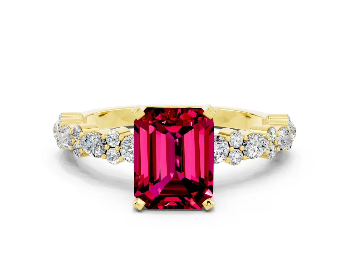 Emerald Cut Garnet Side Stone Solitaire Ring with Round and Four-Prong Setting Yellow gold