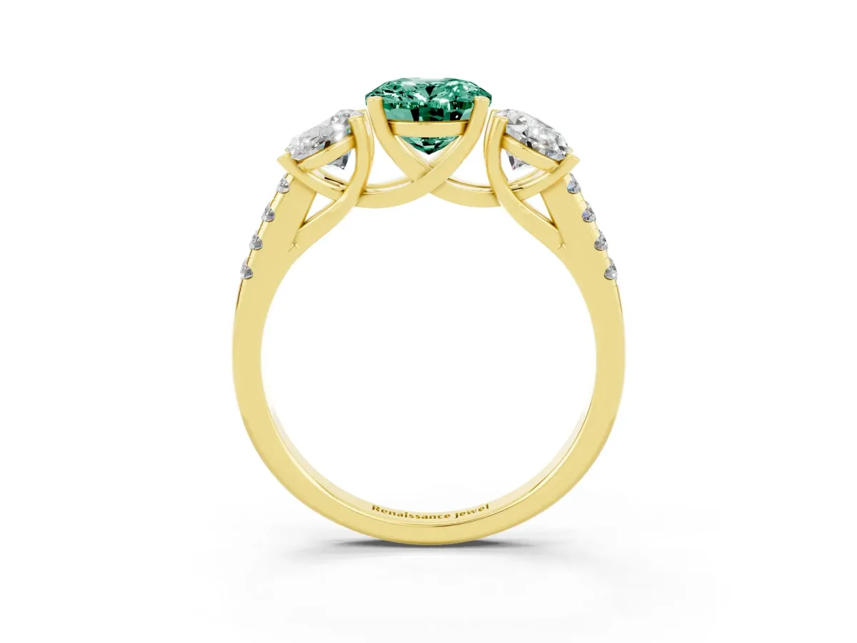 Three-Stone Oval Cut Green Sapphire Ring with Round Pavé Band and Prong Setting Yellow gold