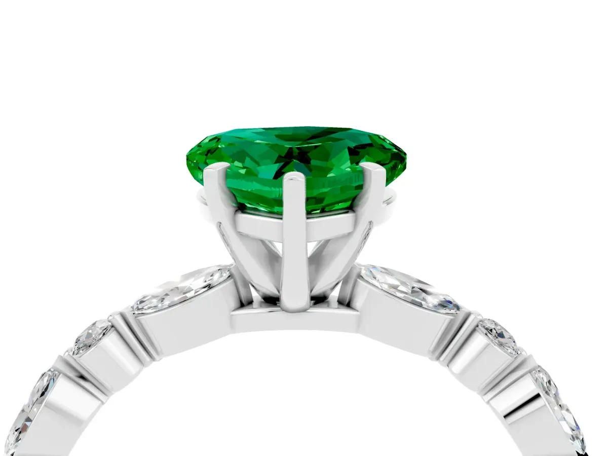 Heart Cut Emerald Ring with Marquise and Round Side Stones and Four-Prong Setting Platinum