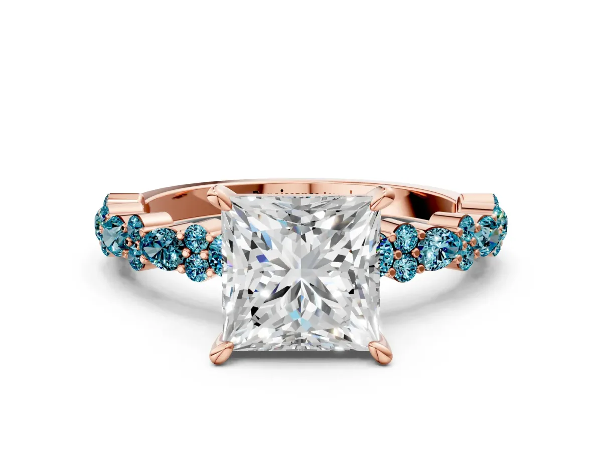 Princess Cut Diamond Side Stone Solitaire Ring with Round Blue Topaz and Four-Prong Setting Rose gold