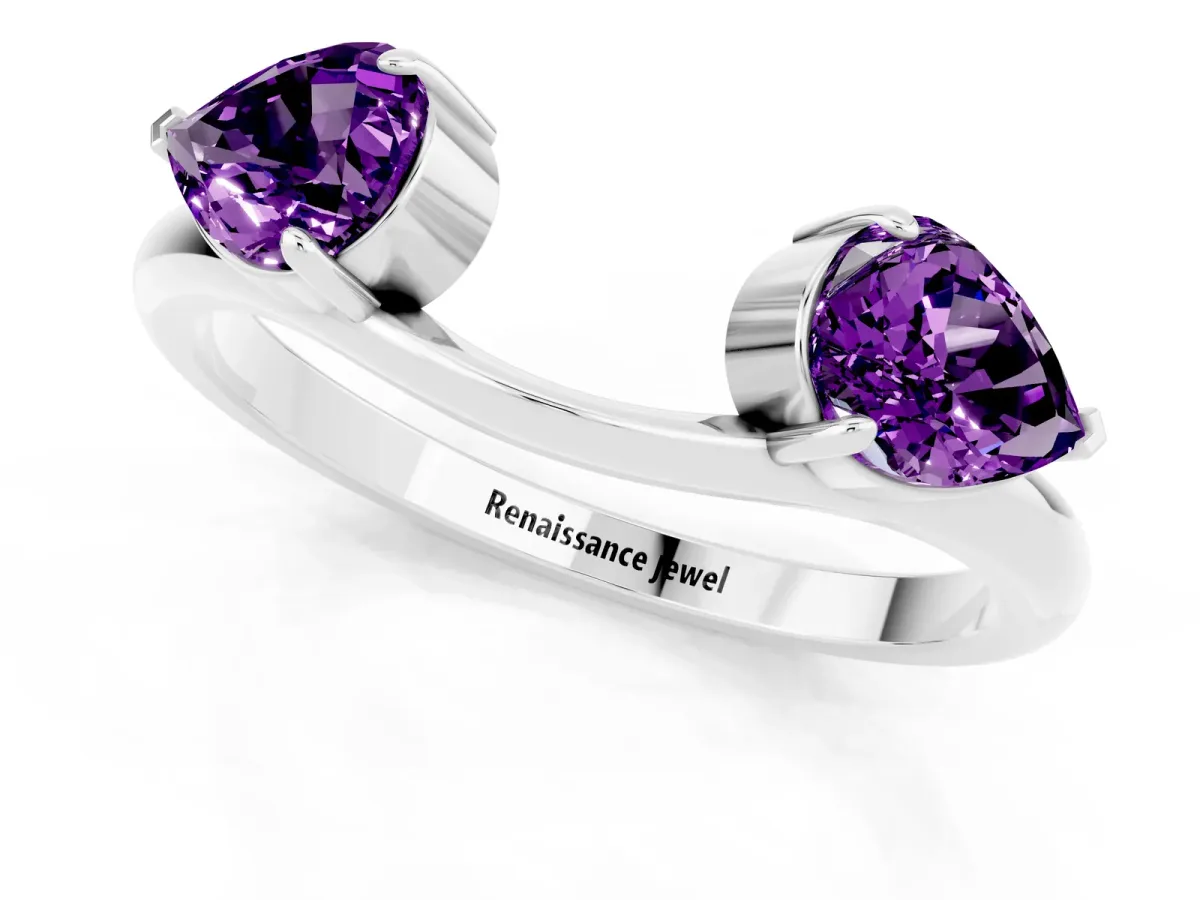 Two-Stone Pear Amethyst Bypass Ring with Prong Setting White gold