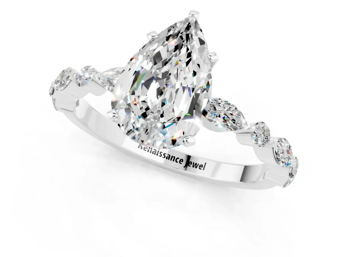 Pear Cut Moissanite Ring with Marquise and Round Side Stones and Four-Prong Setting Platinum