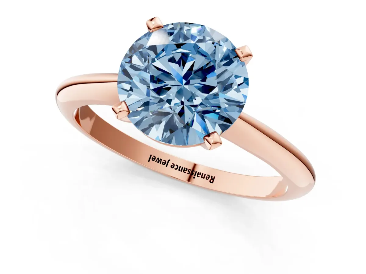 Fancy Blue Round Cut Diamond Solitaire Engagement Ring with Classic Band and Four-Prong Setting Rose gold