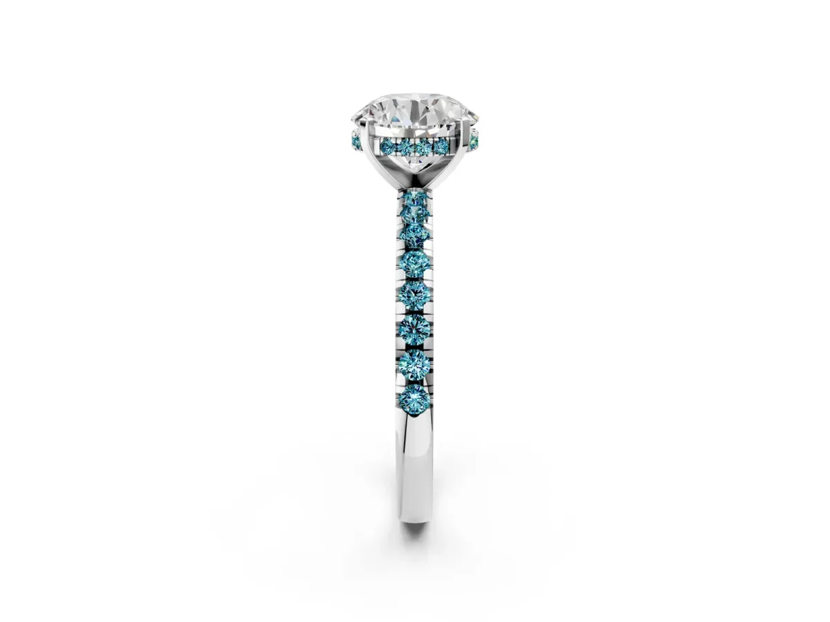 Round Cut Diamond Solitaire Ring with Round Blue Topaz Pavé Band and Four-Prong Setting Silver