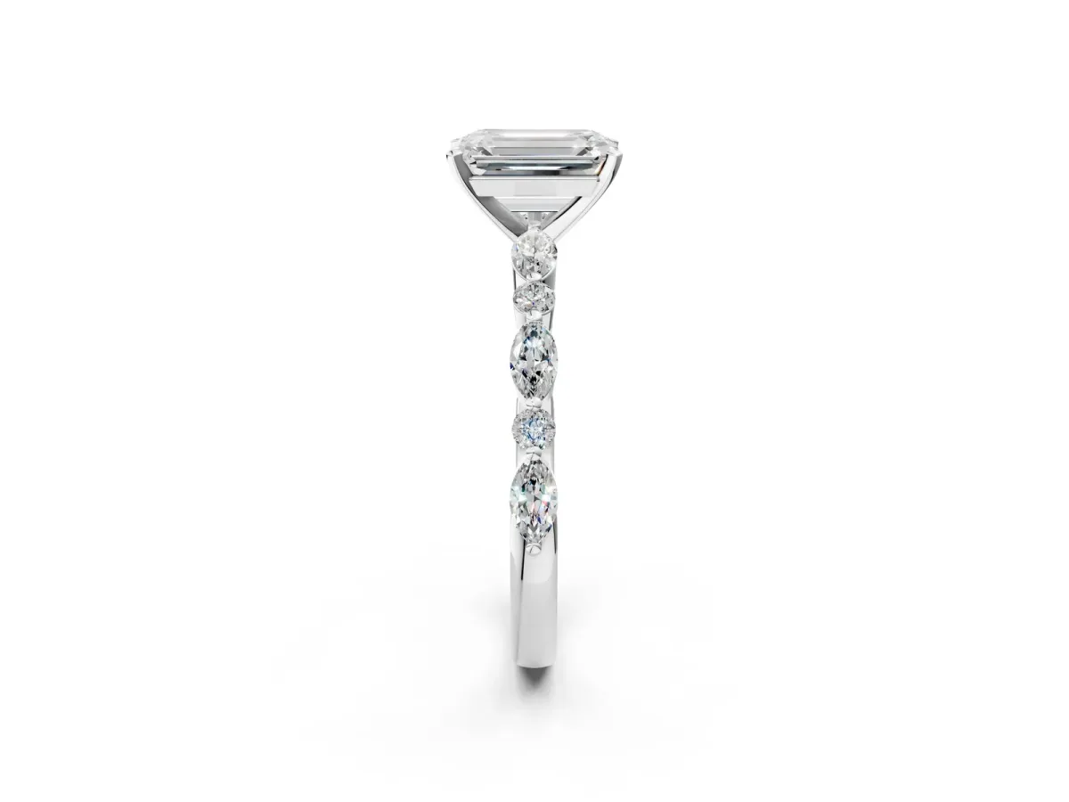 Emerald Cut Diamond Ring with Marquise and Round Side Stones and Four-Prong Setting Silver