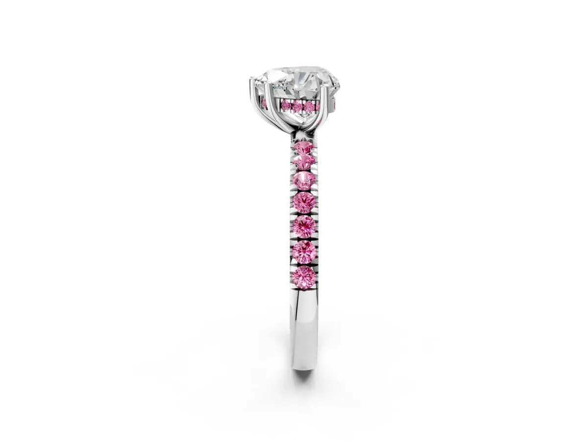 Heart Cut Diamond Pave Band Solitaire Ring with Round Pink Sapphire and Prong Setting Platinum