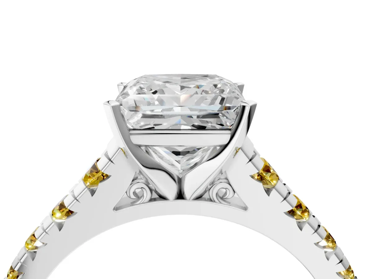 Princess Cut Diamond Cathedral Solitaire Ring with Round Yellow Sapphire Pavé Band Silver
