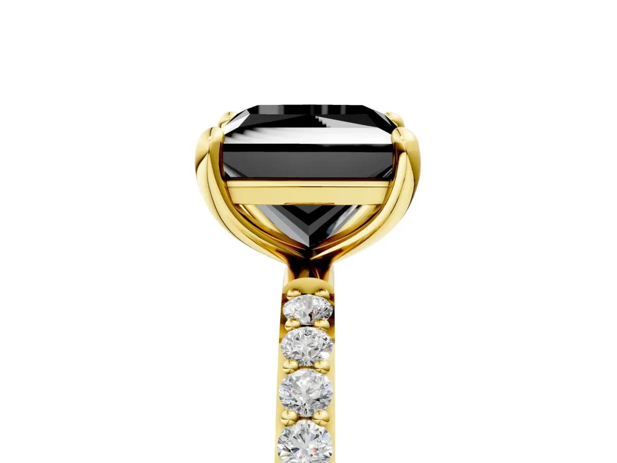 Fancy Black Princess Cut Diamond Solitaire Ring with Round Pavé Band and Prong Setting Yellow gold