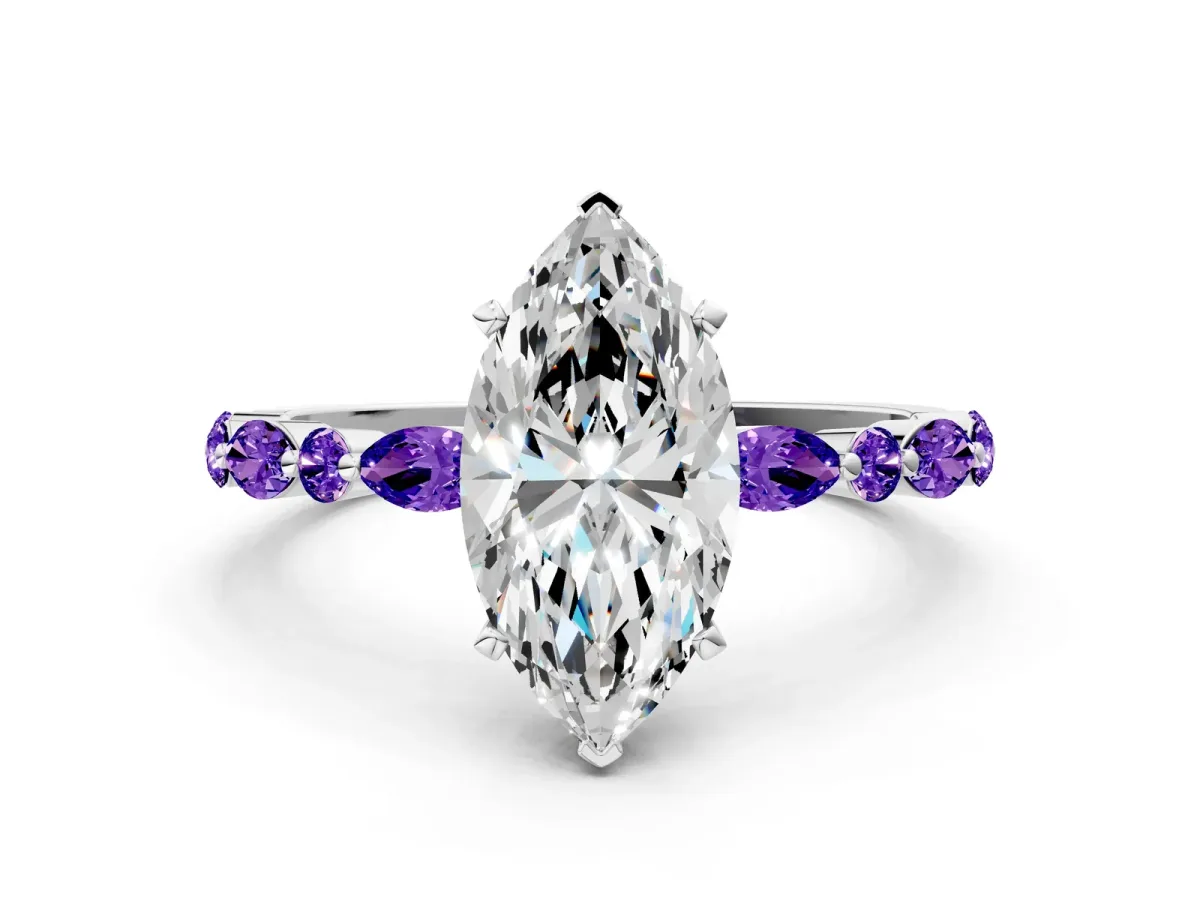 Marquise Cut Diamond Ring with Marquise and Round Tanzanite Side Stones and Four-Prong Setting Platinum