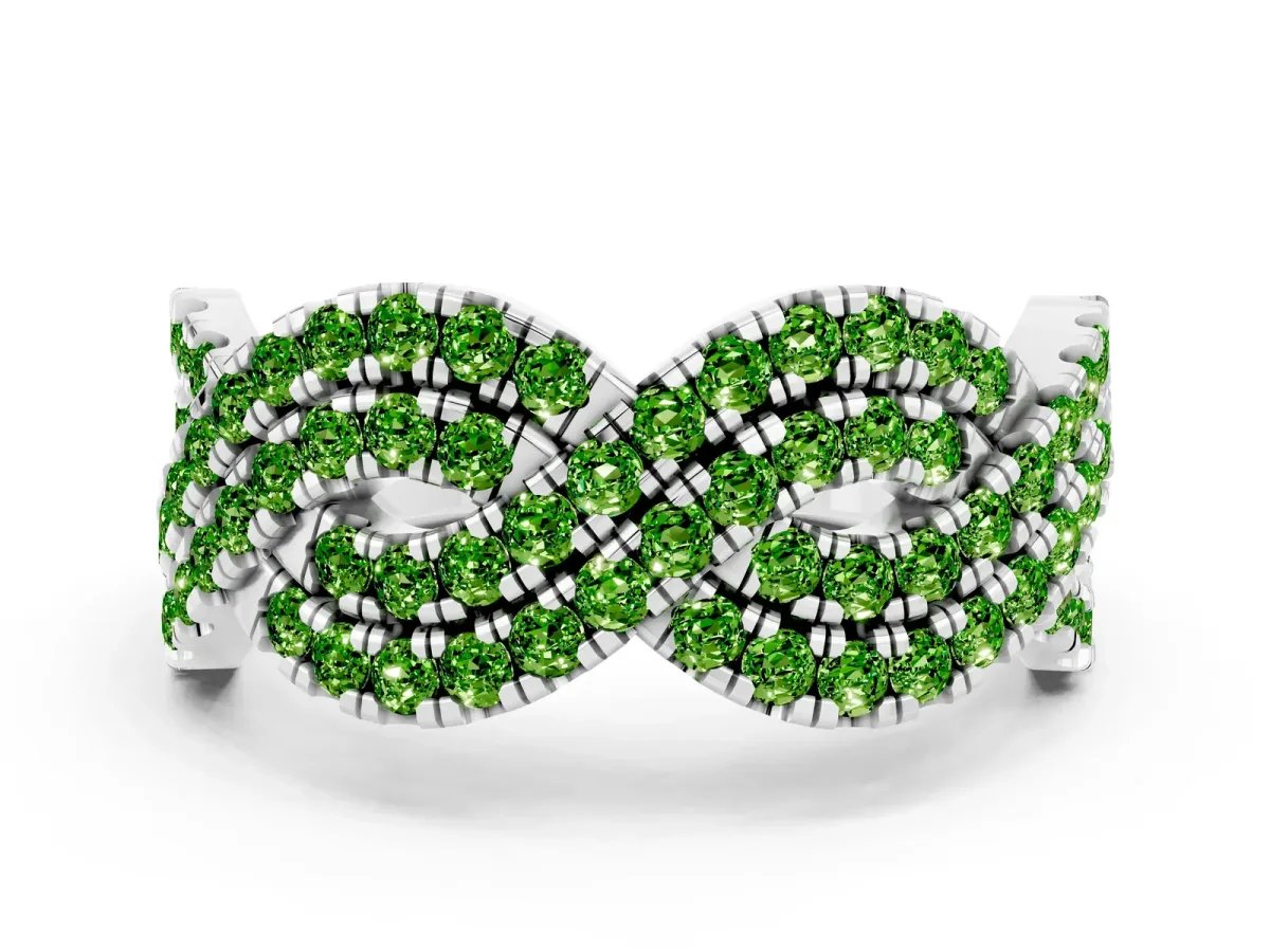 Pavé Round Peridot Infinity Twist Band with Shared Prong Setting Platinum