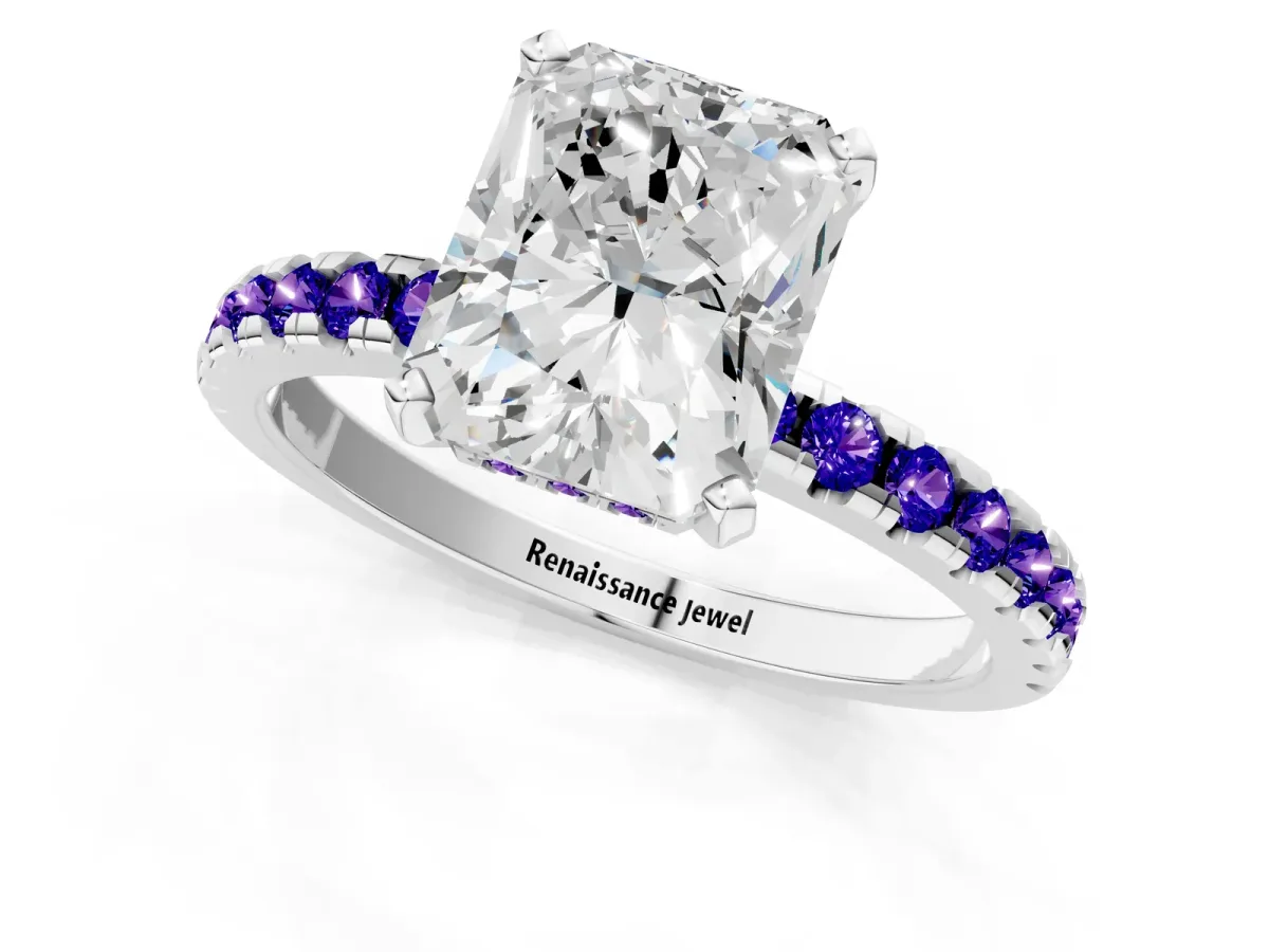 Radiant Cut Diamond Solitaire Ring with Round Tanzanite Pavé Band and Four-Prong Setting Silver