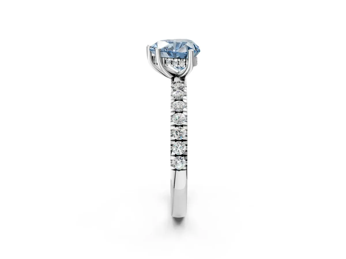 Fancy Blue Heart Cut Diamond Pave Band Solitaire Ring with Round and Prong Setting White gold